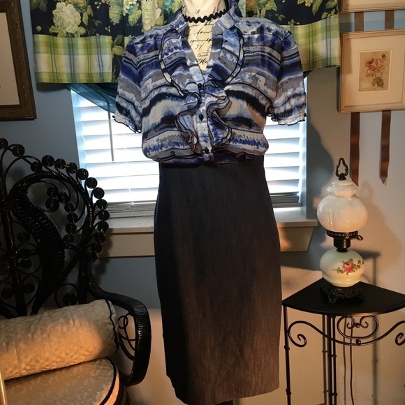 AB Studio short sleeve button front sheer top with denim skirt - Picture 1 of 7